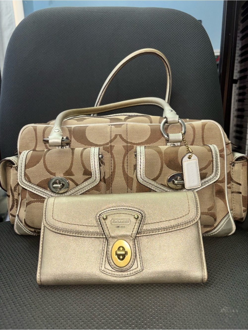 VTG Coach Beige Signature Satchel with Metallic + Gold Wallet